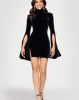 "Elizabeth" Velvet High Neck Flowy Bell Long Sleeve Short Dress