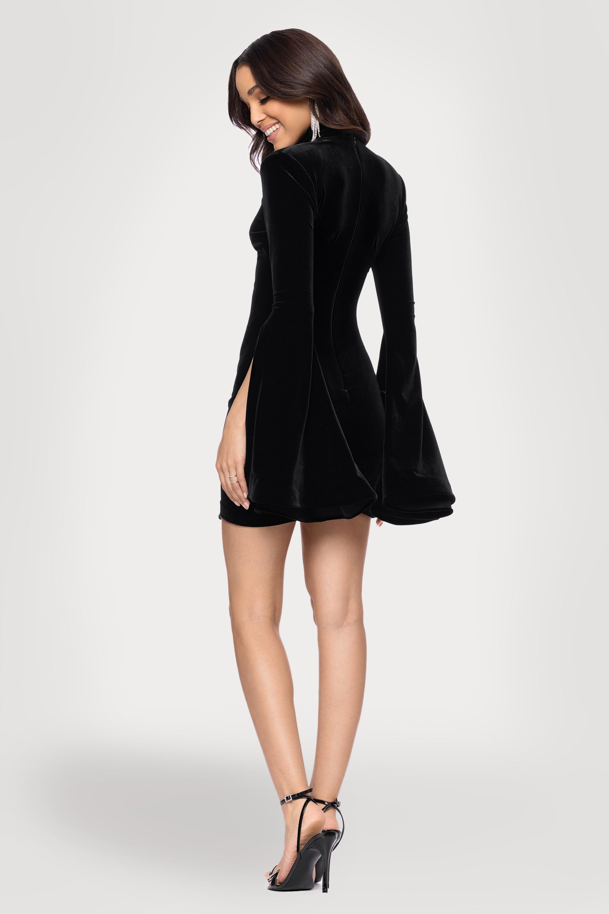 Elizabeth" Velvet High Neck Flowy Bell Long Sleeve Short Dress Blondie Nites Elizabeth" Velvet High Neck Flowy Bell Long Sleeve Short Dress Blondie Nites