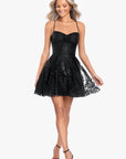 "Prue" Short Pinch Neck Glitter Party Dress