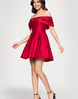 "Lucy" Satin Off Shoulder Rhinestone Embellished Short Dress