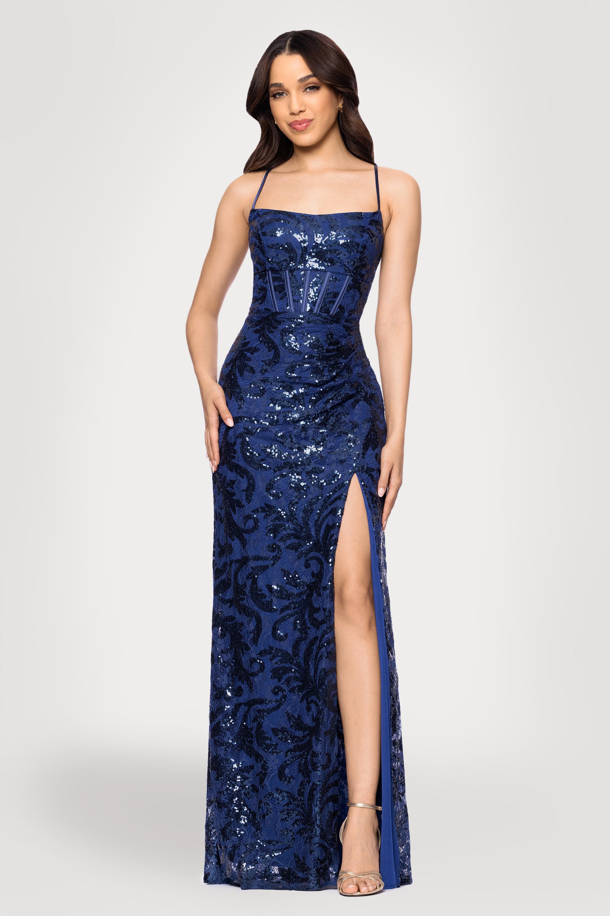 "Dora" Long Corset Sequin Lace Dress