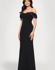 Blondie Nites "Taylor" Scuba Crepe Off the Shoulder Satin Sleeves Floor Length Dress