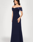 Blondie Nites "Taylor" Scuba Crepe Off the Shoulder Satin Sleeves Floor Length Dress