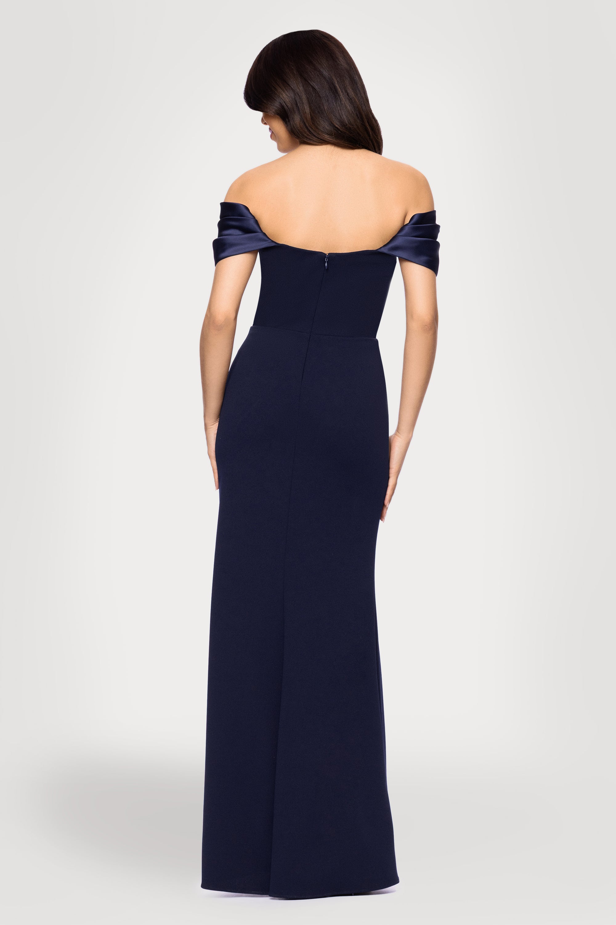 Taylor" Scuba Crepe Off the Shoulder Satin Sleeves Navy Floor Length Dress | Blondie Nites Taylor" Scuba Crepe Off the Shoulder Satin Sleeves Navy Floor Length Dress | Blondie Nites