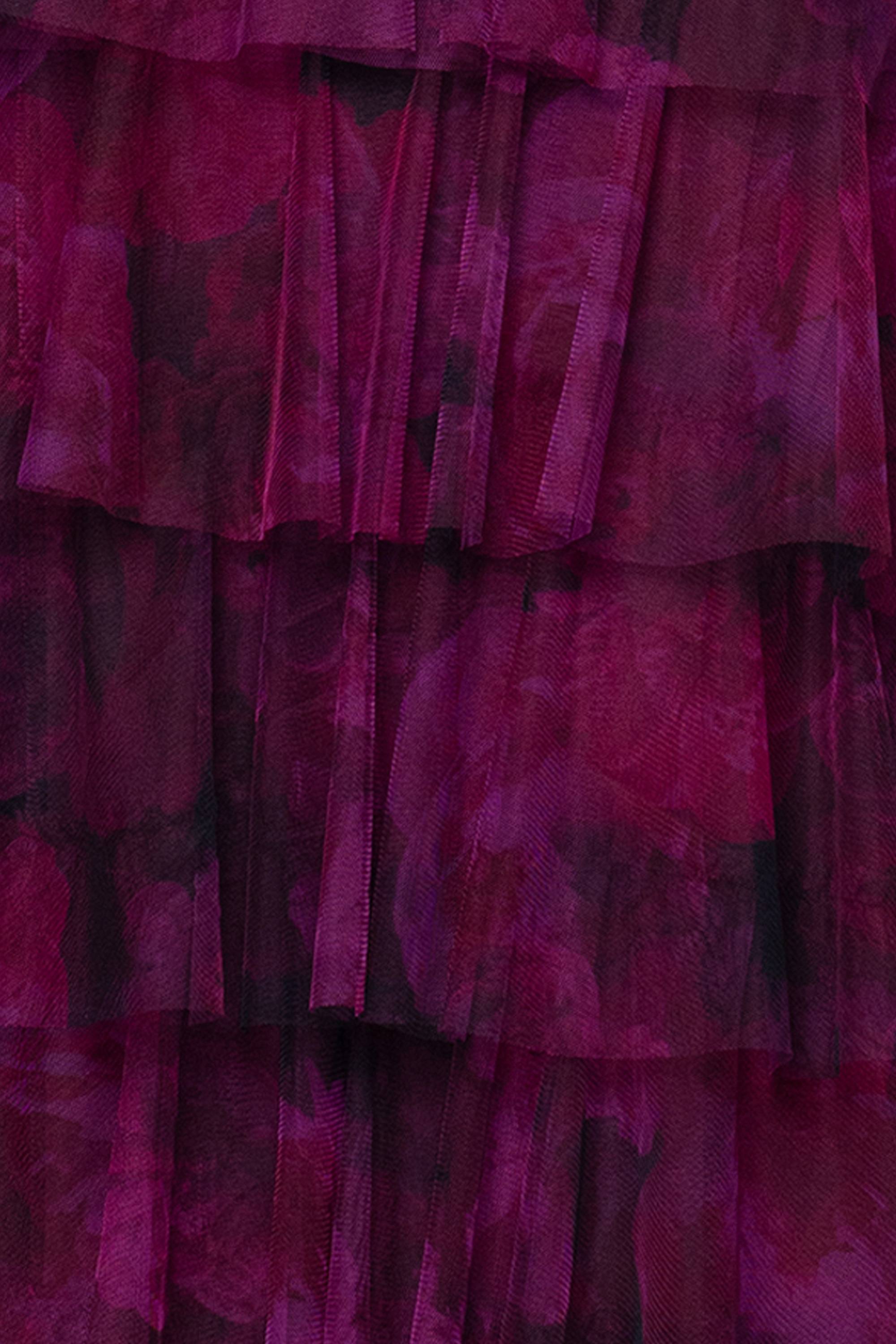 &quot;Jonnie&quot; Printed Mesh Ruffle Floor Length Dress