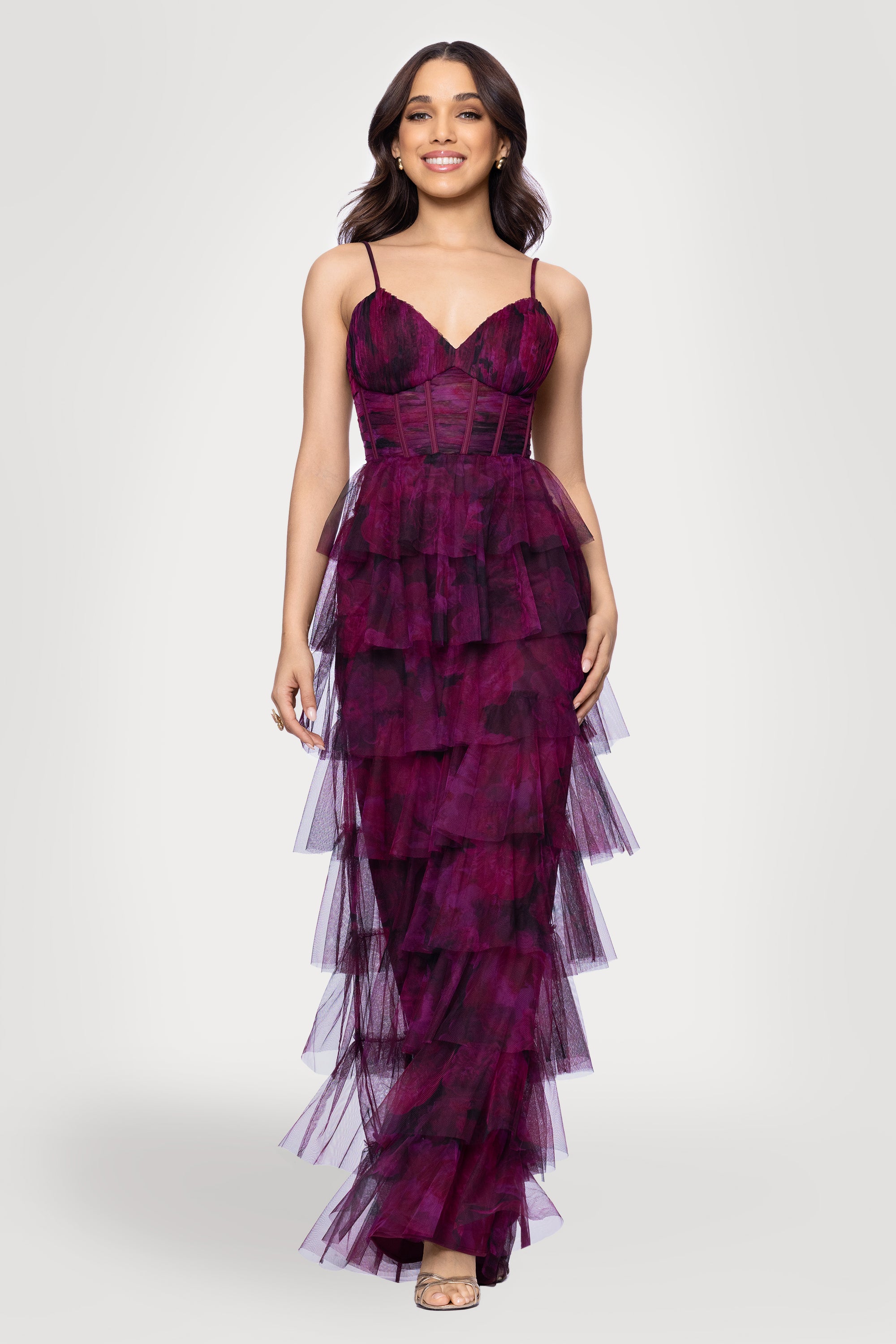 Jonnie Printed Mesh Ruffle Floor Length Dress Jonnie Printed Mesh Ruffle Floor Length Dress