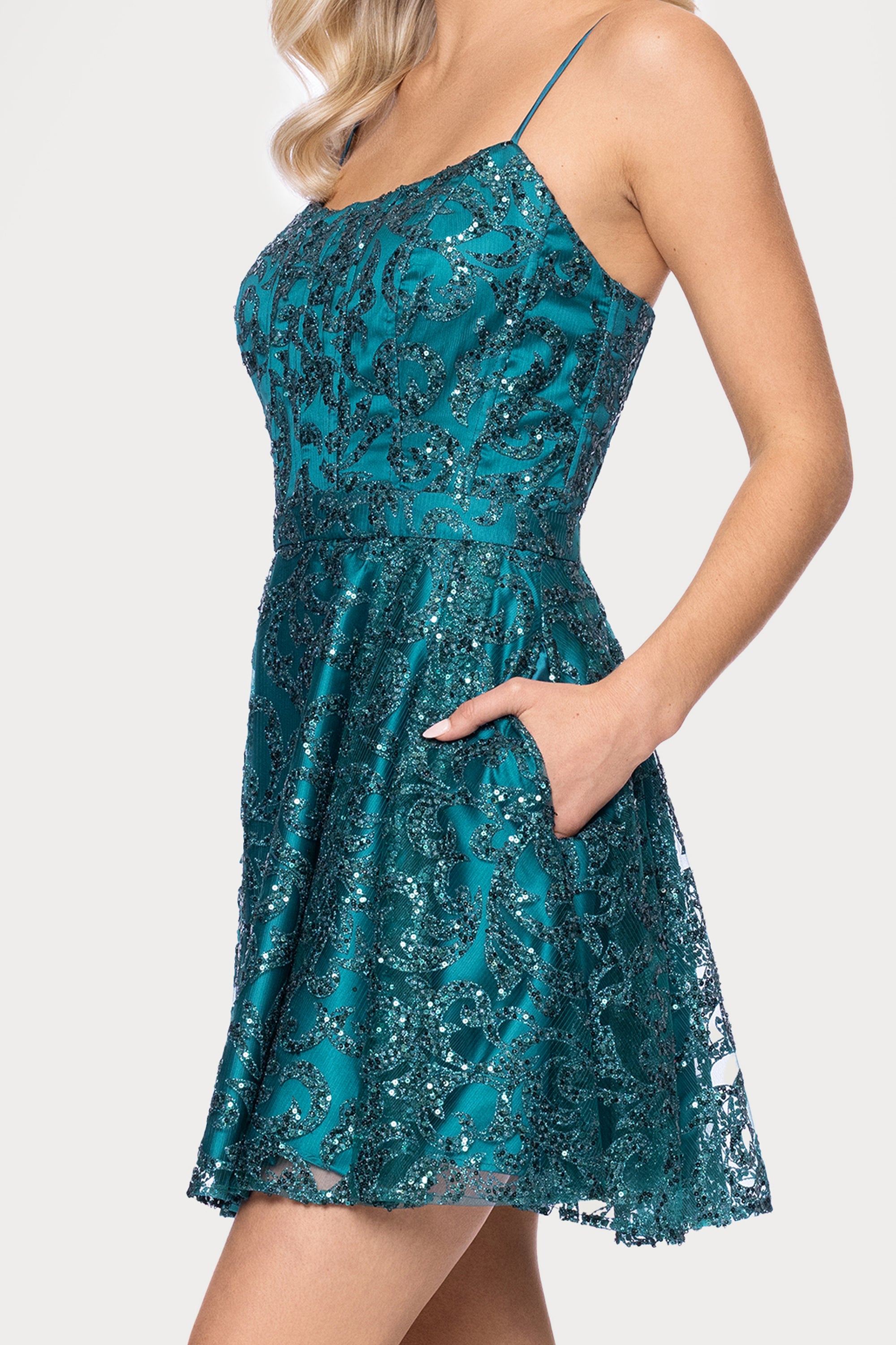 Blondie Nites Short Glitter Party Dress, Teal, 15