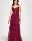 "Rory" Glitter Mesh Draped Sweetheart Neckline Floor Length Dress