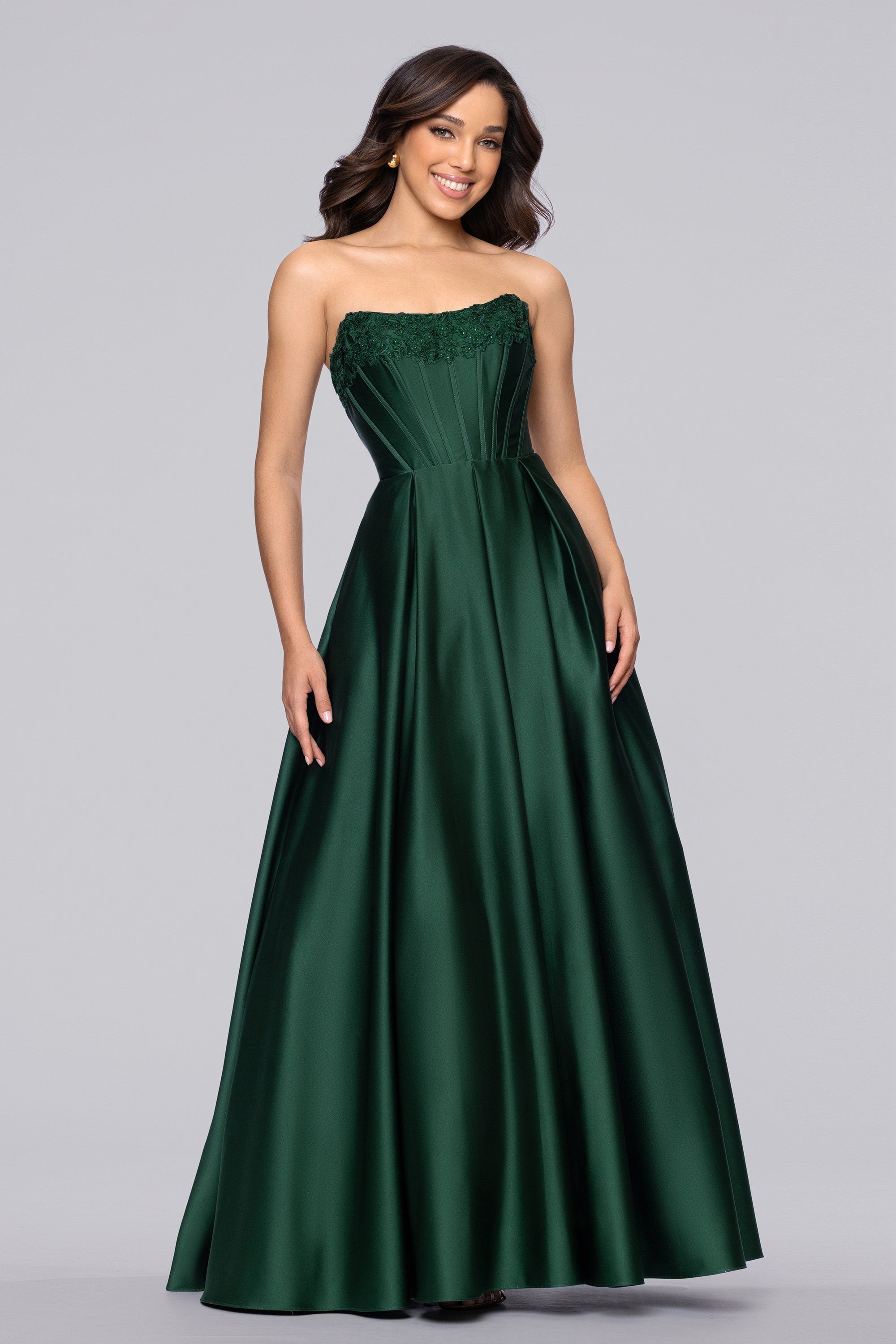 Mia Satin Strapless A-Line Corset Floor Length Dress