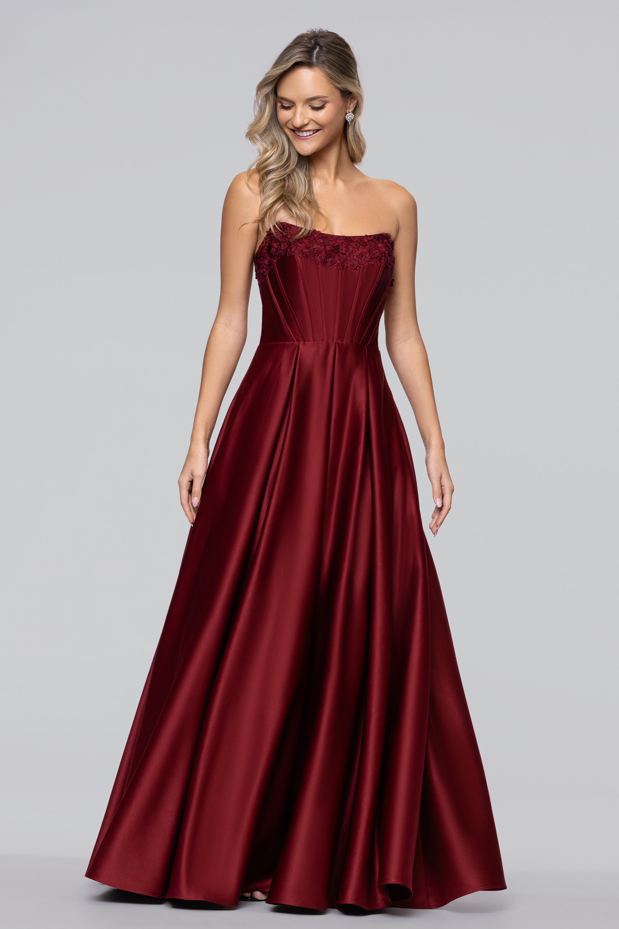 blondie nites red prom dress Strapless Long Red Satin Prom Dress with Corset Bodice Red / 11