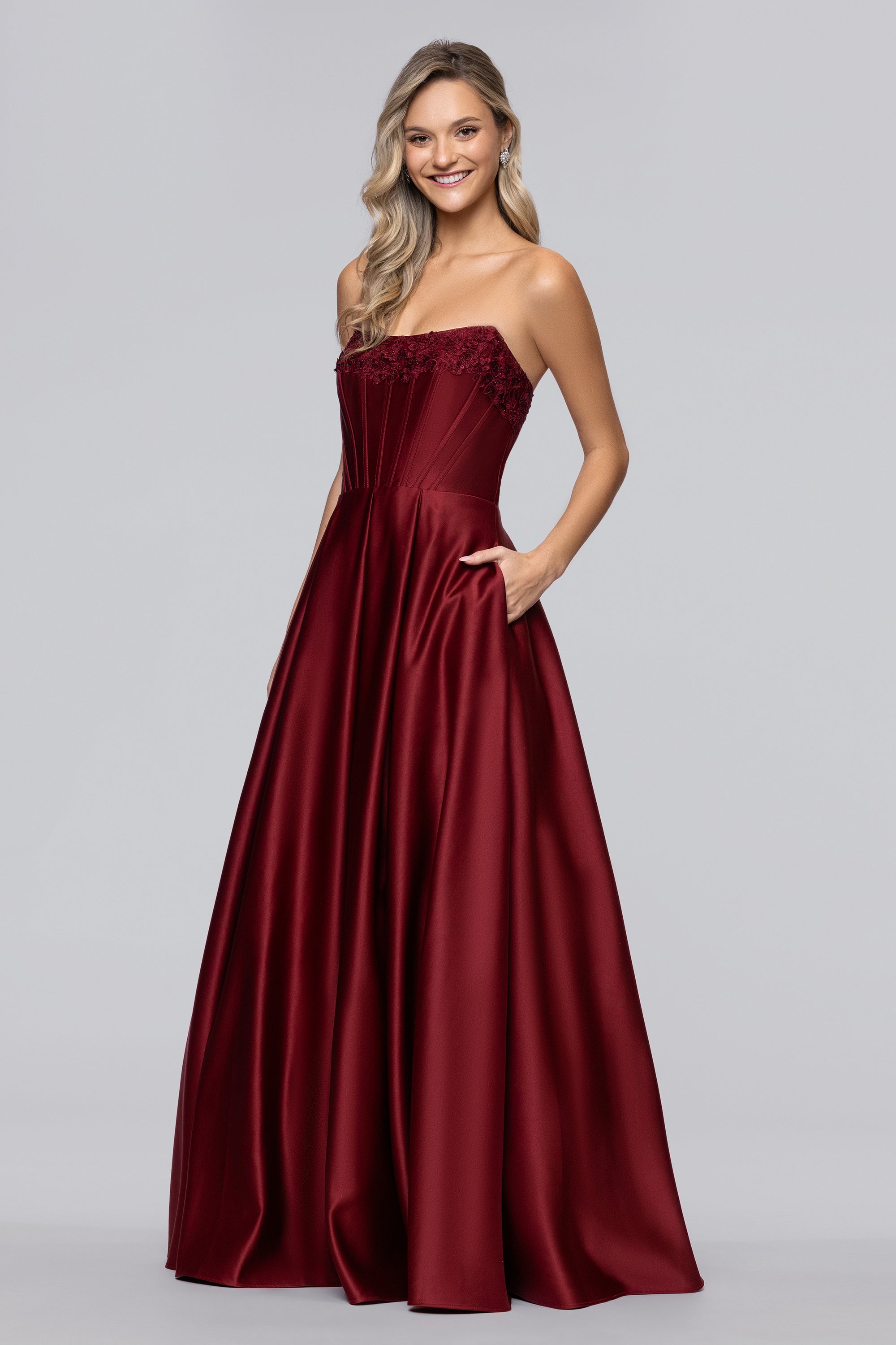 Mia Satin Strapless A-Line Corset Floor Length Dress | Blondie Nites Wine / 0 Mia Satin Strapless A-Line Corset Floor Length Dress | Blondie Nites Wine / 0