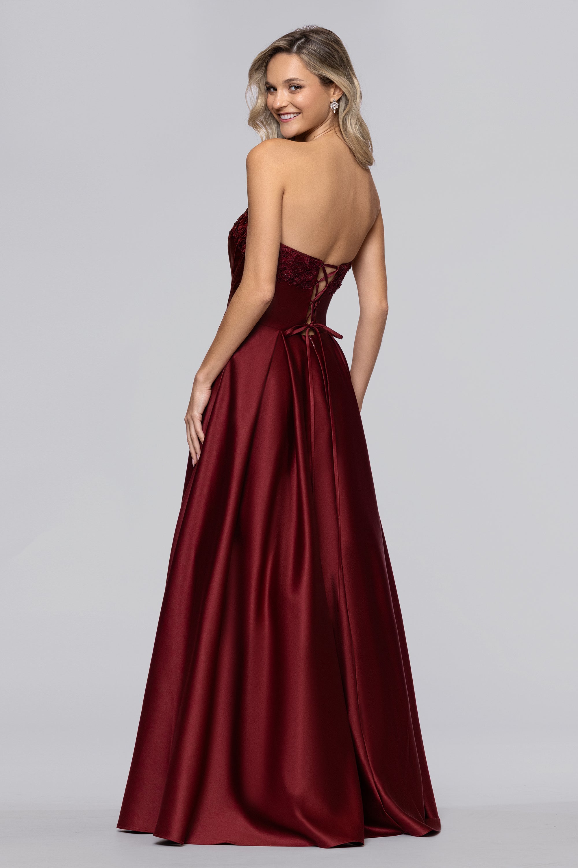 Mia" Satin Strapless A-Line Corset Floor Length Dress | Blondie Nites Mia" Satin Strapless A-Line Corset Floor Length Dress | Blondie Nites