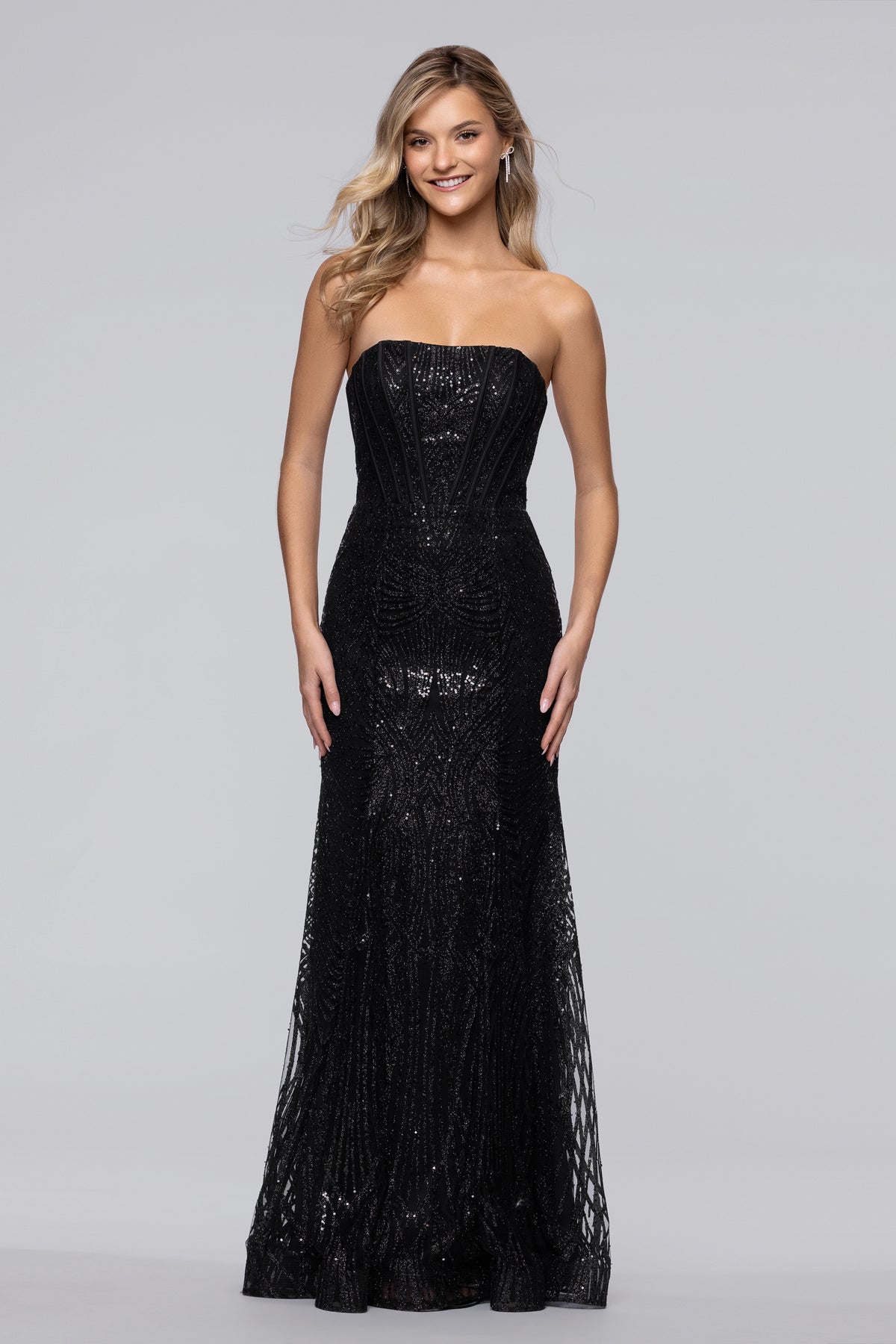 blondie nites corset dress Juniors' Long Glitter Strapless Fit & Flare Ball Gown - Black Size:12ft model_leilani Chocolate brown strapless long Tiered ruffle this hot pink long
