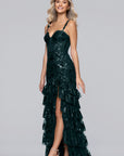 "Tinsley" Sequin and Lace Tiered Floor Length Dress