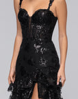 "Tinsley" Sequin and Lace Tiered Floor Length Dress