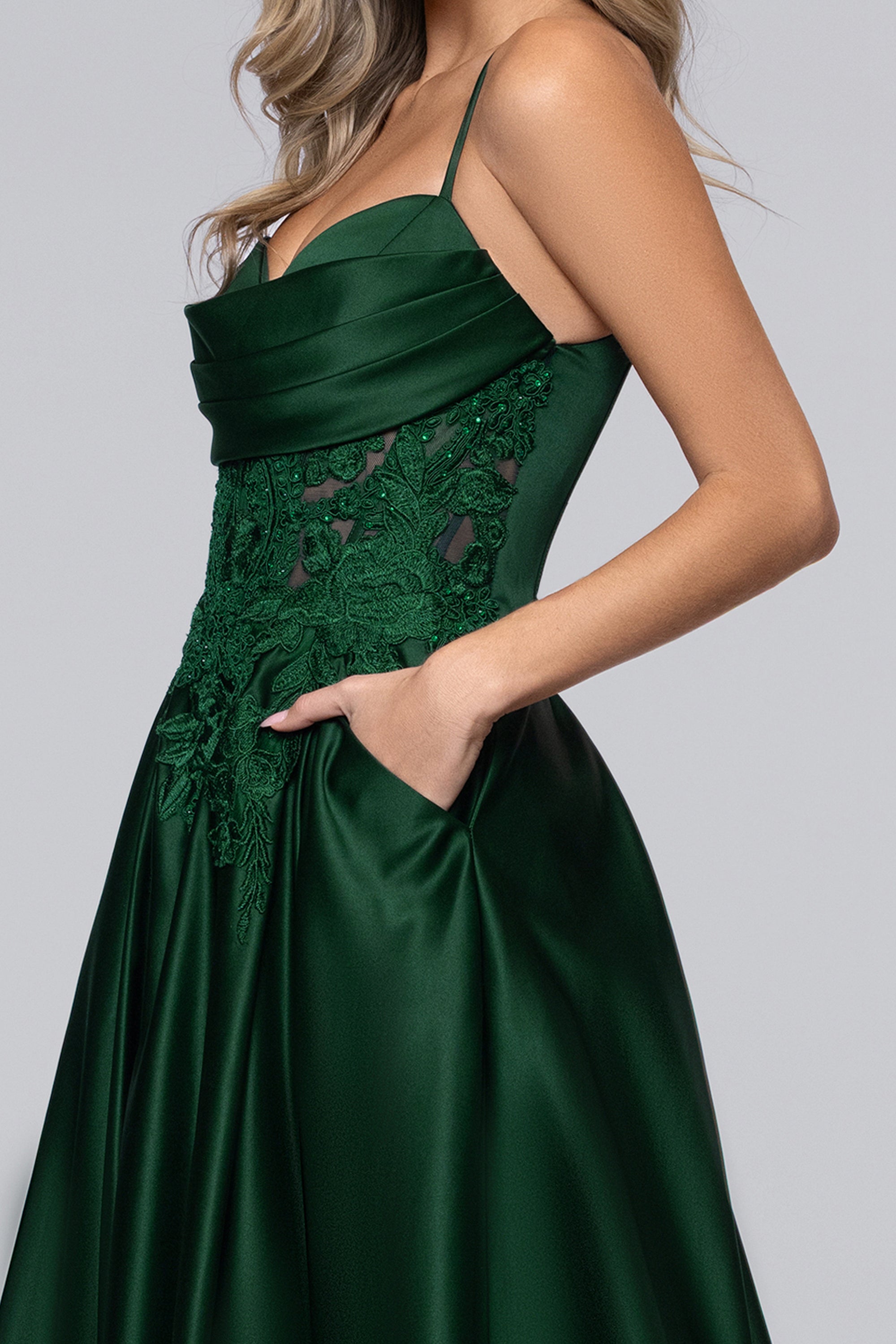 satin applique dress Blondie Nites Women's Sequin Lace Detail Satin Gown - Green