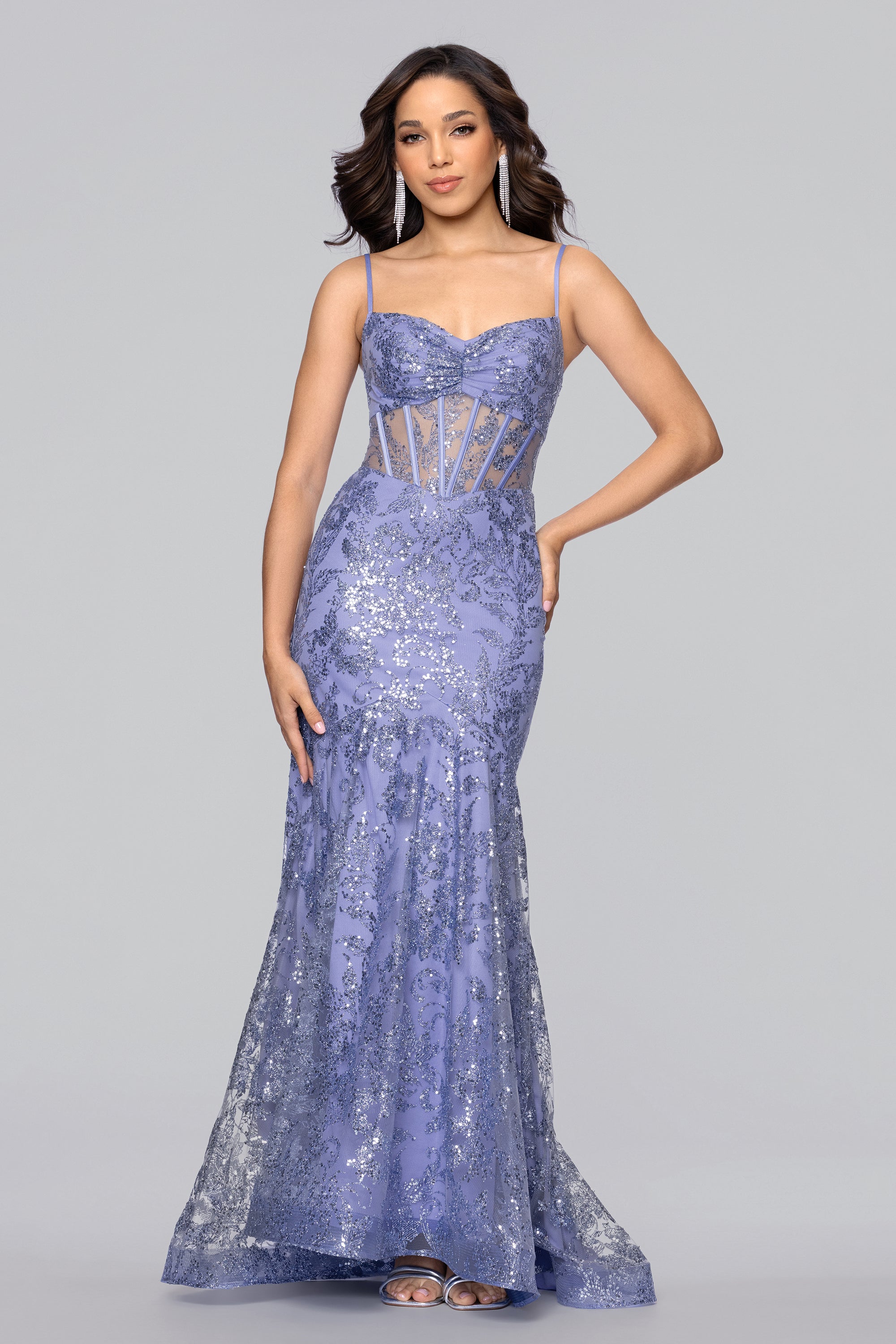 Noah Glitter Illusion Corset Floor Length Dress - Periwinkle / 7 Noah Glitter Illusion Corset Floor Length Dress - Periwinkle / 7