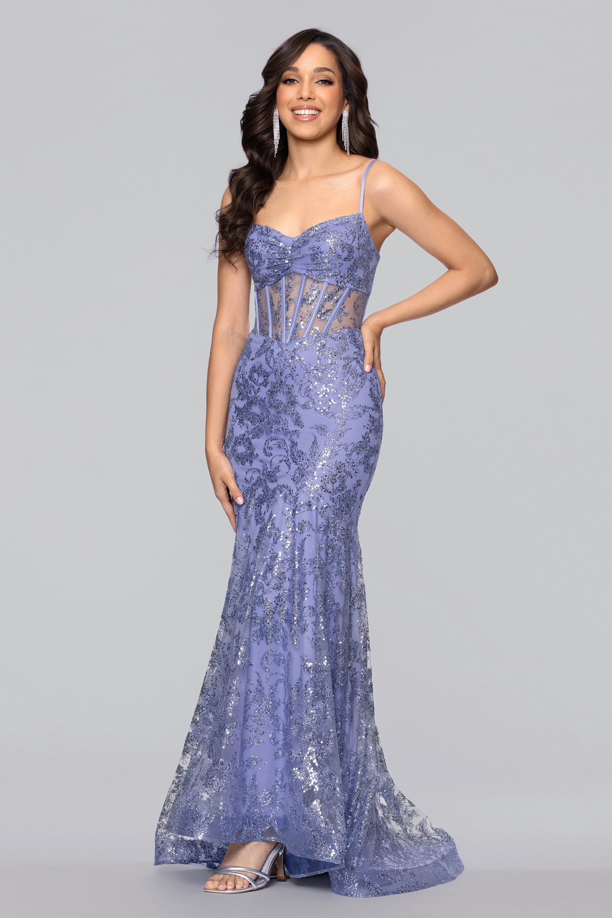 Noah Glitter Illusion Corset Floor Length Dress - Periwinkle / 7 Noah Glitter Illusion Corset Floor Length Dress - Periwinkle / 7