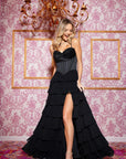 "Clara" Chiffon Tiered Drop Neck Applique Floor Length Dress