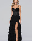 "Clara" Chiffon Tiered Drop Neck Applique Floor Length Dress