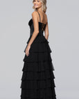 "Clara" Chiffon Tiered Drop Neck Applique Floor Length Dress