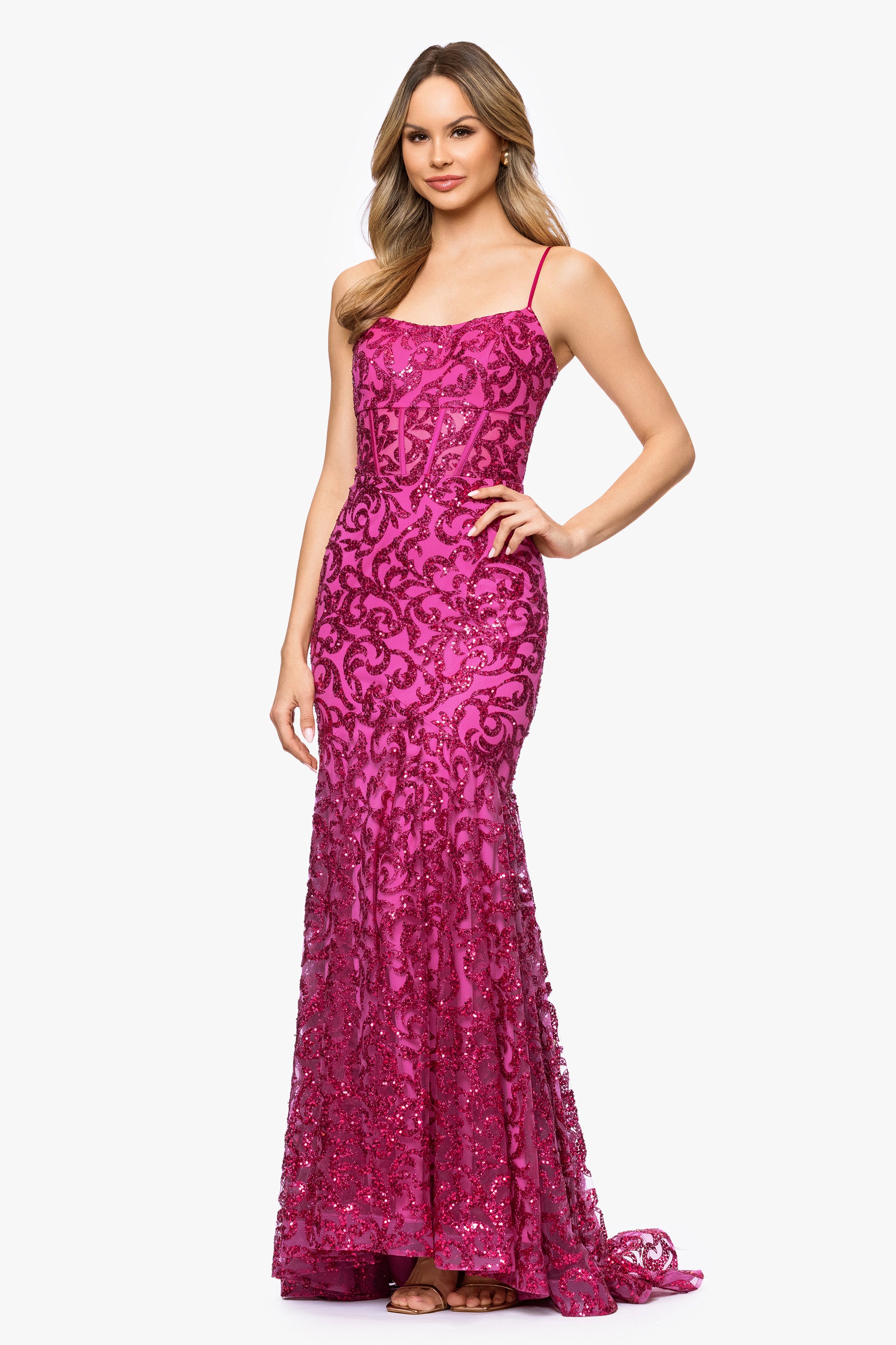 Marcia Glitter Mesh Lace-Up Floor Length Dress | Blondie Nites Hot Pink / 13 Marcia Glitter Mesh Lace-Up Floor Length Dress | Blondie Nites Hot Pink / 13