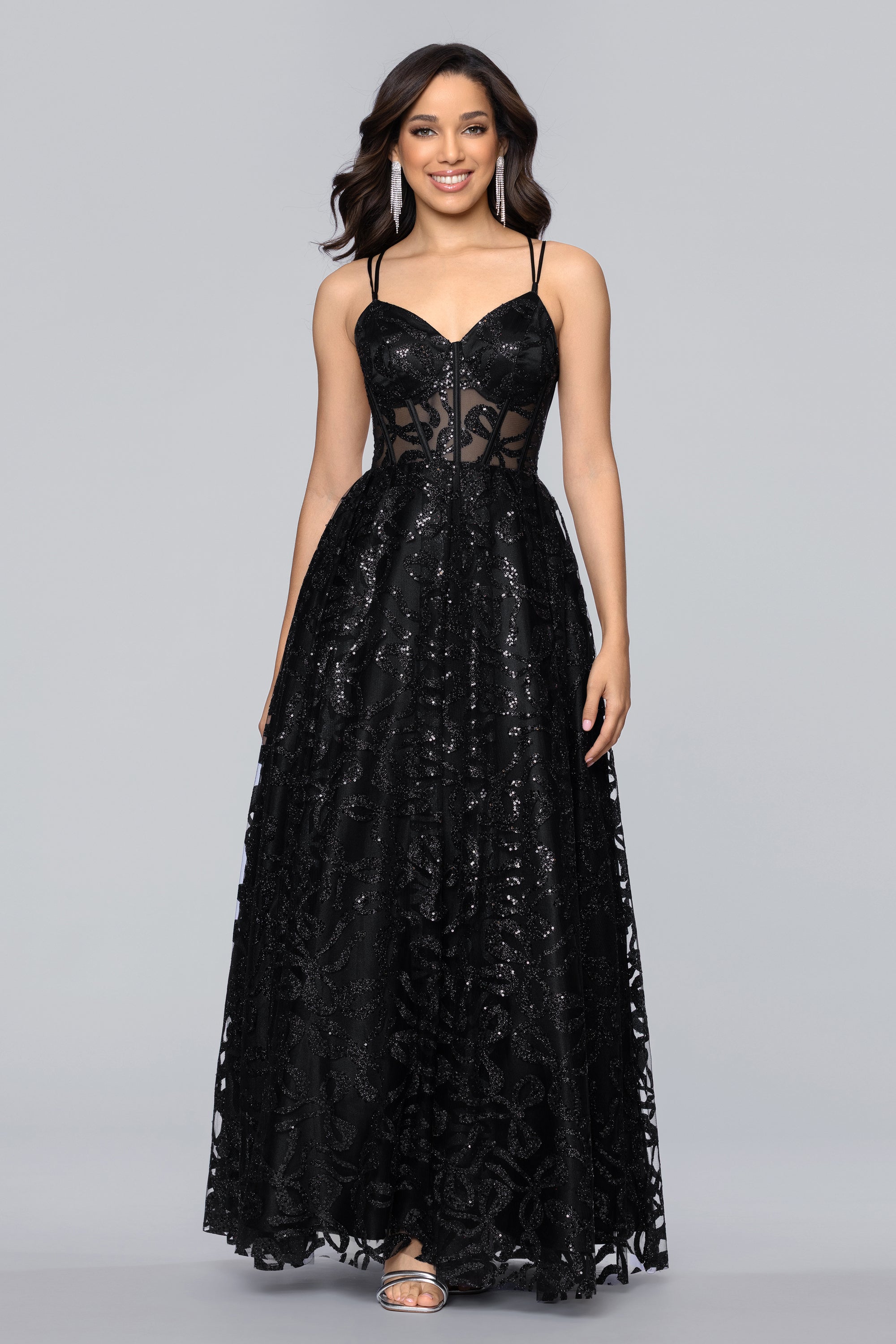 Evie" Glitter Mesh Bow Lace Up Back Floor Length Dress | Blondie Nites Evie" Glitter Mesh Bow Lace Up Back Floor Length Dress | Blondie Nites