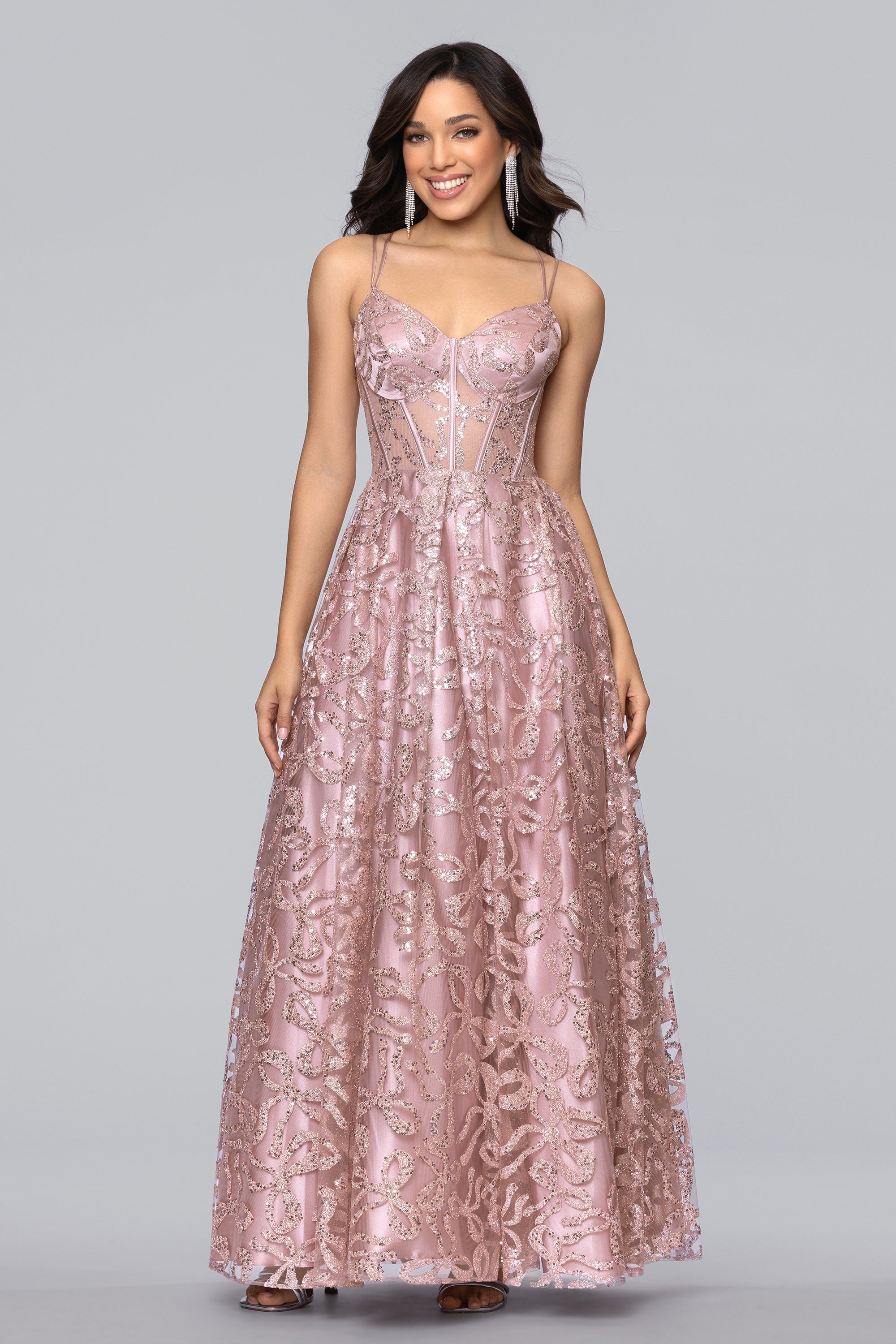 Evie" Glitter Mesh Bow Lace Up Back Floor Length Dress | Blondie Nites Evie" Glitter Mesh Bow Lace Up Back Floor Length Dress | Blondie Nites