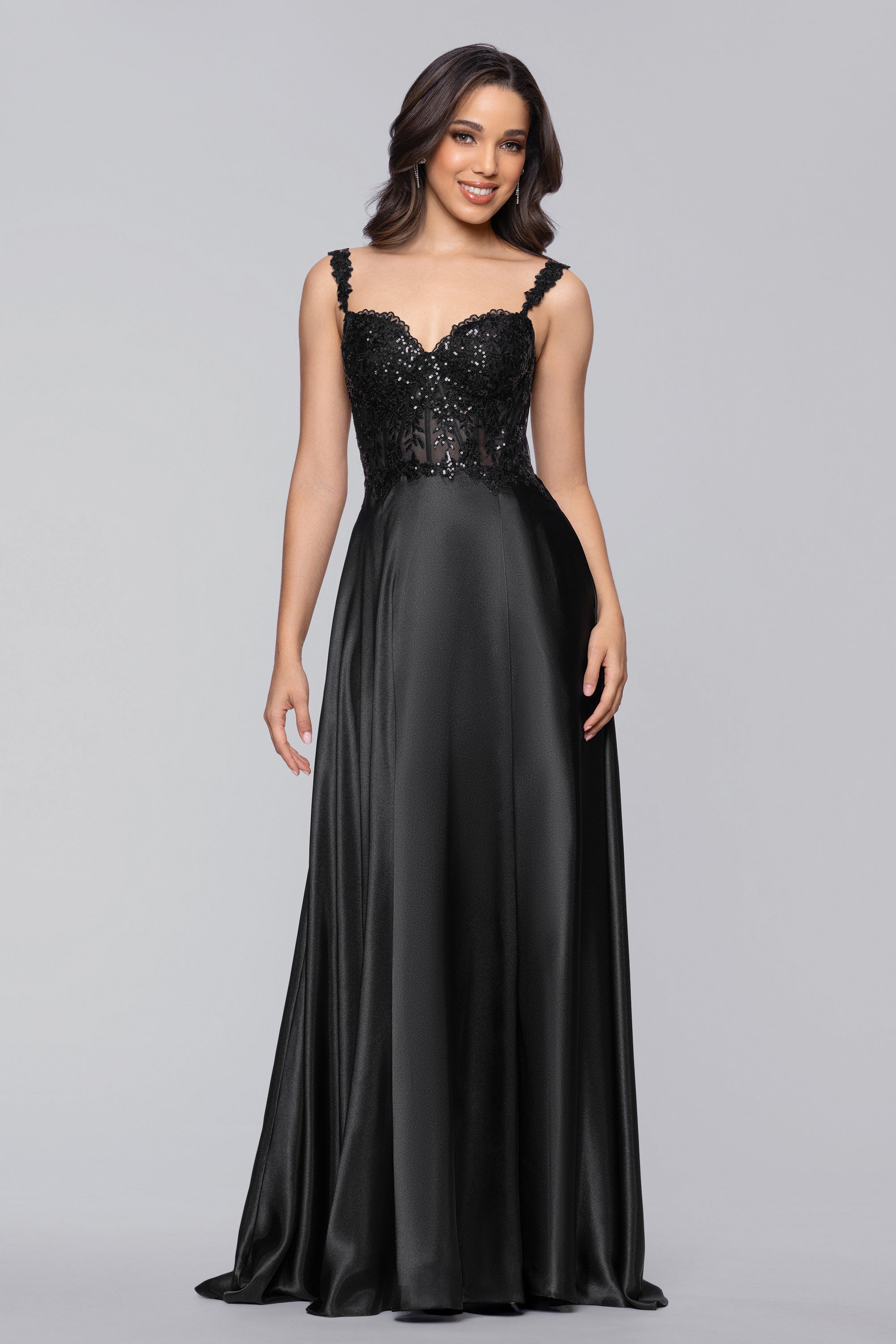Janelle" Satin and Sequin A-Line Floor Length Dress | Blondie Nites Janelle" Satin and Sequin A-Line Floor Length Dress | Blondie Nites
