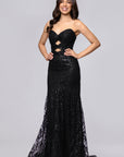 "Blake" Glitter Mesh Strapless Cutout Floor Length Dress