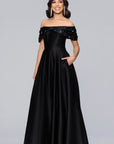 "Brooke" Satin Off the Shoulder Bow Ballgown
