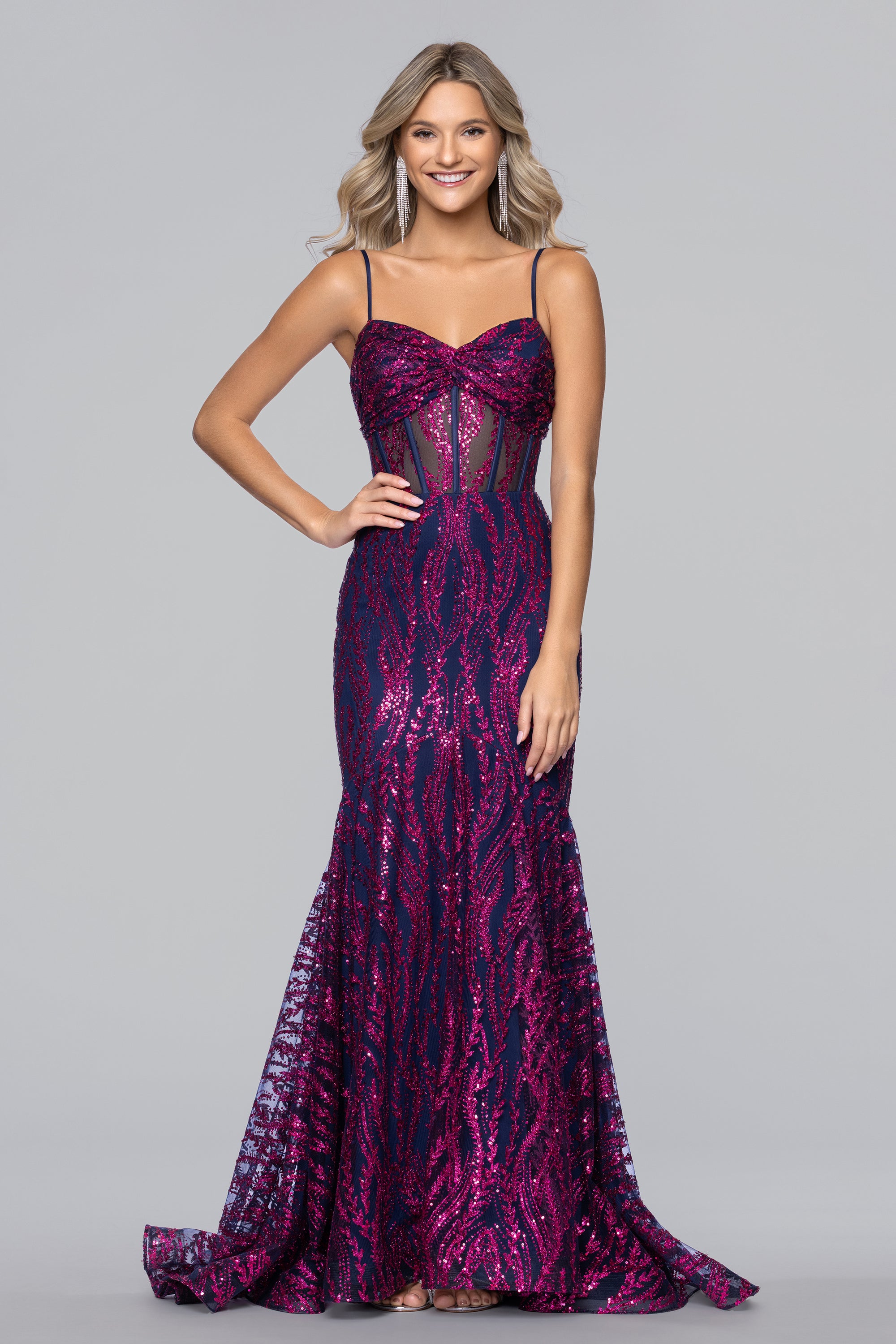 Ariel Glitter Twist Floor Length Dress - Navy/Pink / 0 Ariel Glitter Twist Floor Length Dress - Navy/Pink / 0