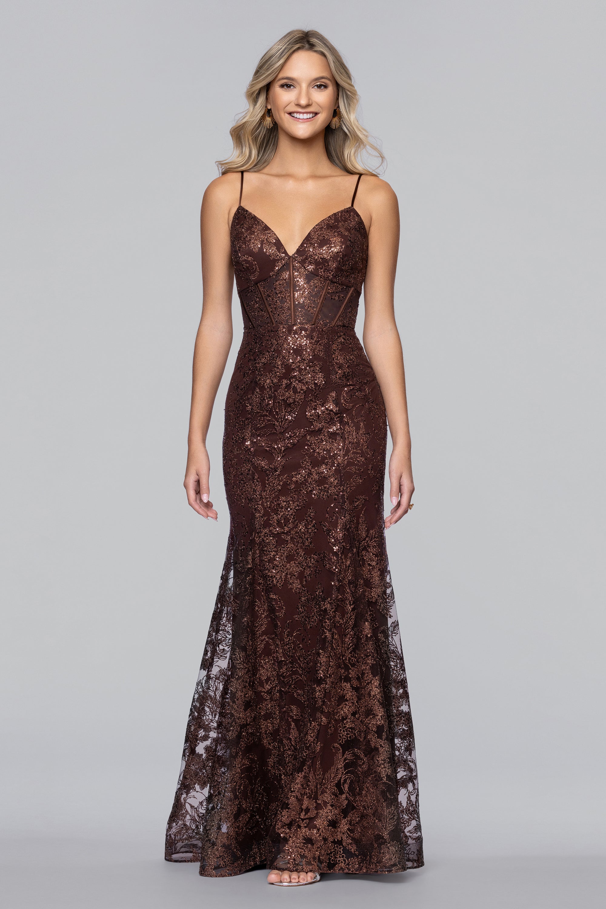 Blondie Nites Juniors' V-Neck Glitter Lace-Up Gown - Brown - Size 5 Blondie Nites Juniors' V-Neck Glitter Lace-Up Gown - Brown - Size 5