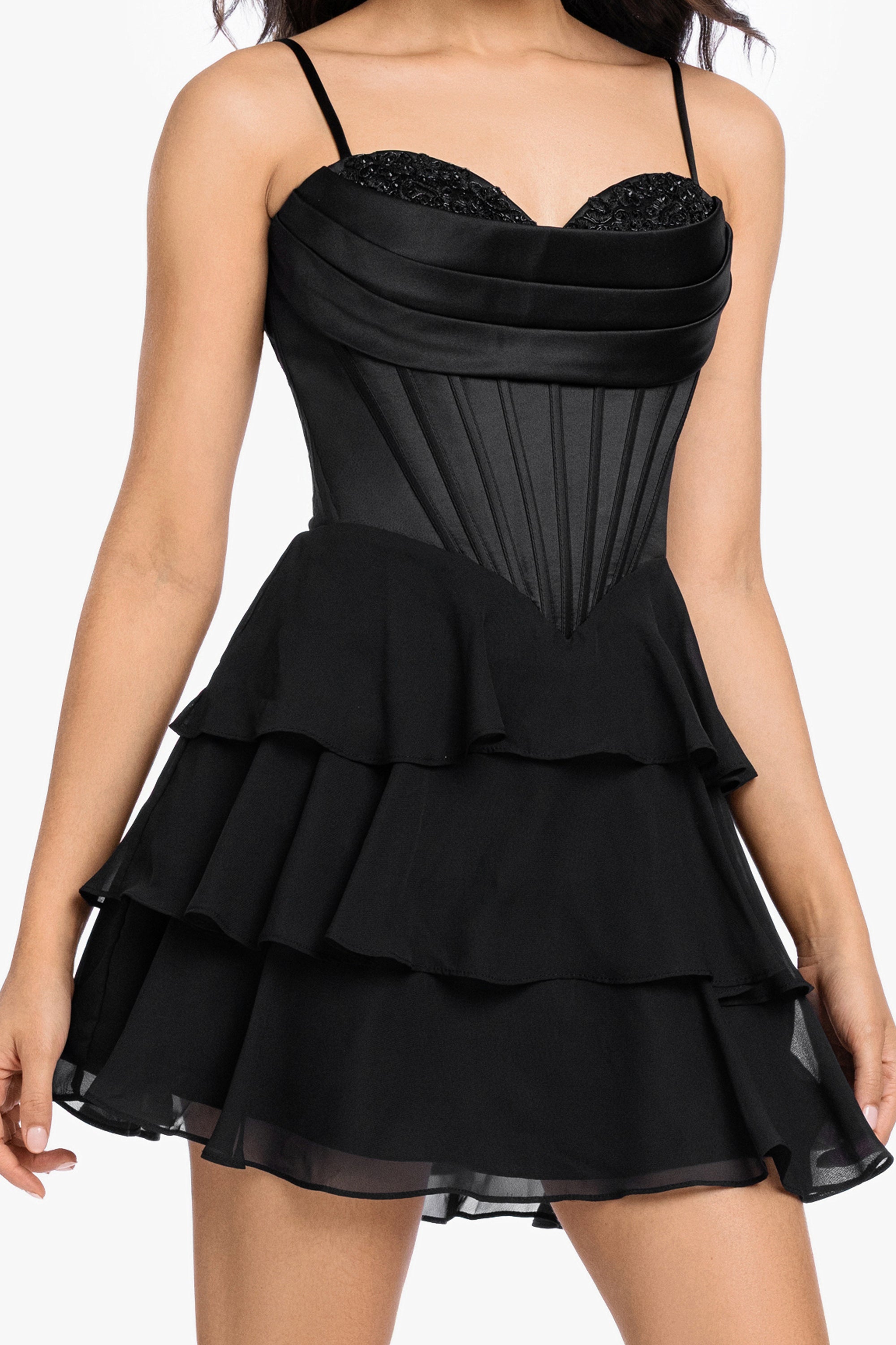 "Thalea" Short Satin Strapless Tiered Chiffon Dress