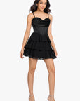 "Thalea" Short Satin Strapless Tiered Chiffon Dress