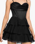 "Thalea" Short Satin Strapless Tiered Chiffon Dress