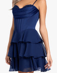 "Thalea" Short Satin Tiered Chiffon Dress