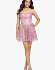 "Sydney" Short Strapless Glitter Basket Waist Dress