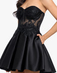 "Callie" Short Strapless Lace Lamour Satin Party Dress