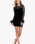 "Krystal" Short Velvet Long Sleeve Feather Illusion Dress