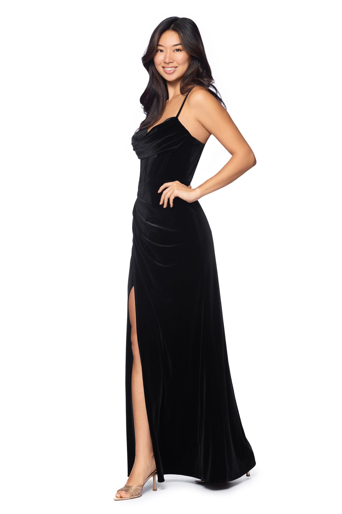 "Tosha" Long Velvet Corset Drape Dress