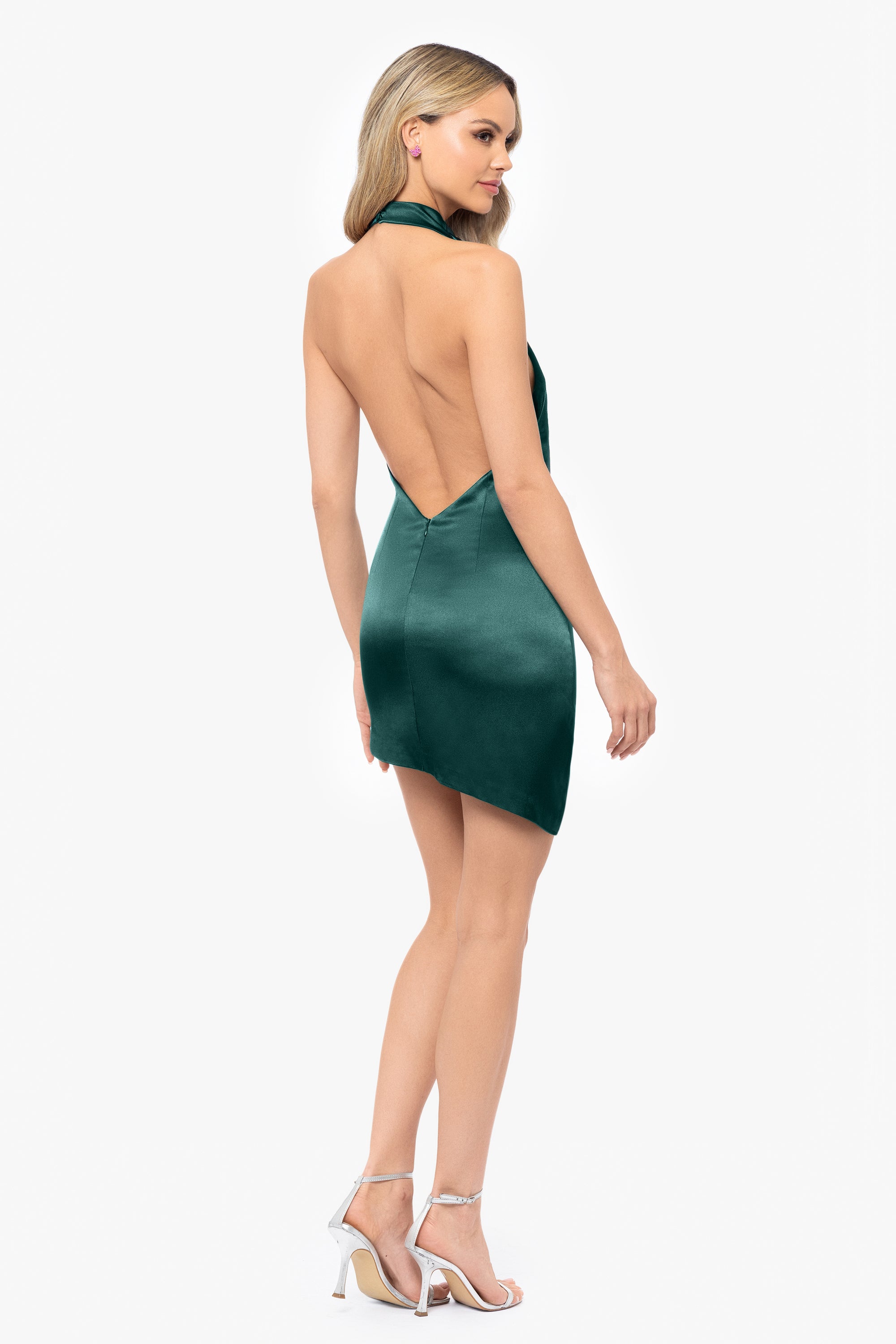 halter dress short Blondie Nites Juniors' Satin Open-Back Halter Dress - Hunter