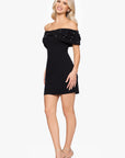 "Ivanna" Scuba Crepe Off the Shoulder Embellished Short Dress