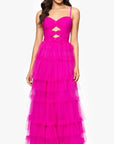 "Gina" Mesh Tier Bow and Ruffle Floor Length Gown