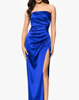 "Molly" Satin Strapless Leg Slit Floor Length Dress