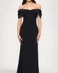 "Taylor" Scuba Crepe Off the Shoulder Satin Sleeves Floor Length Dress