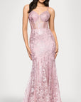 "Tammi" Long Sequin Mesh Mermaid Tieback Dress