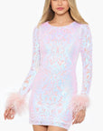"Charlotte" Short Long Sleeve Sequin Pattern Feather Dress