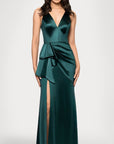 Blondie Nites "Robin" Long Satin V-Neck Ruffle Dress