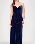 "Angela" Velvet Strapless Draped Skirt Floor Length Dress
